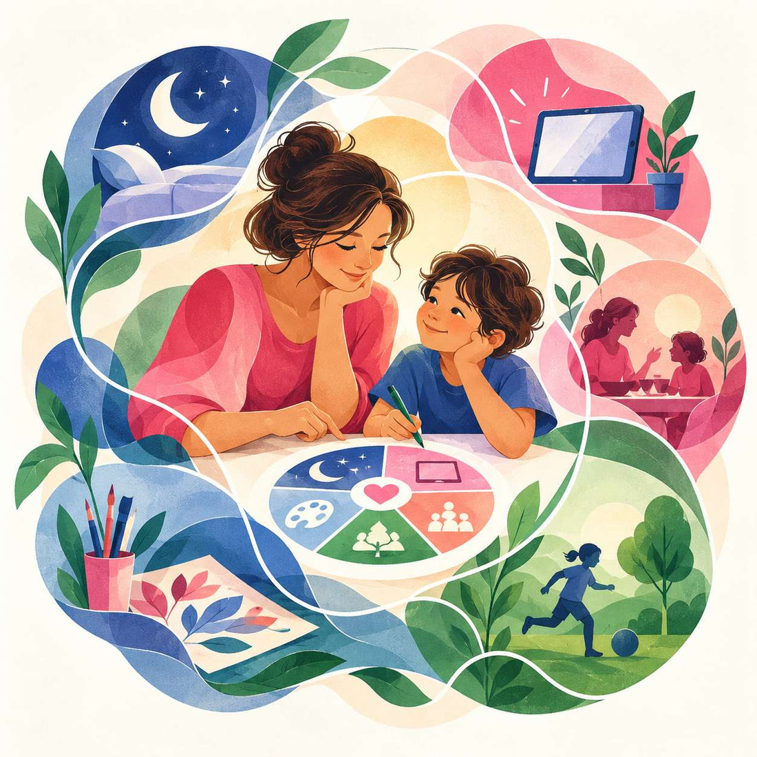 Family agreeing on a balanced screen time plan together