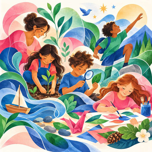 Children doing creative science and nature activities without screens